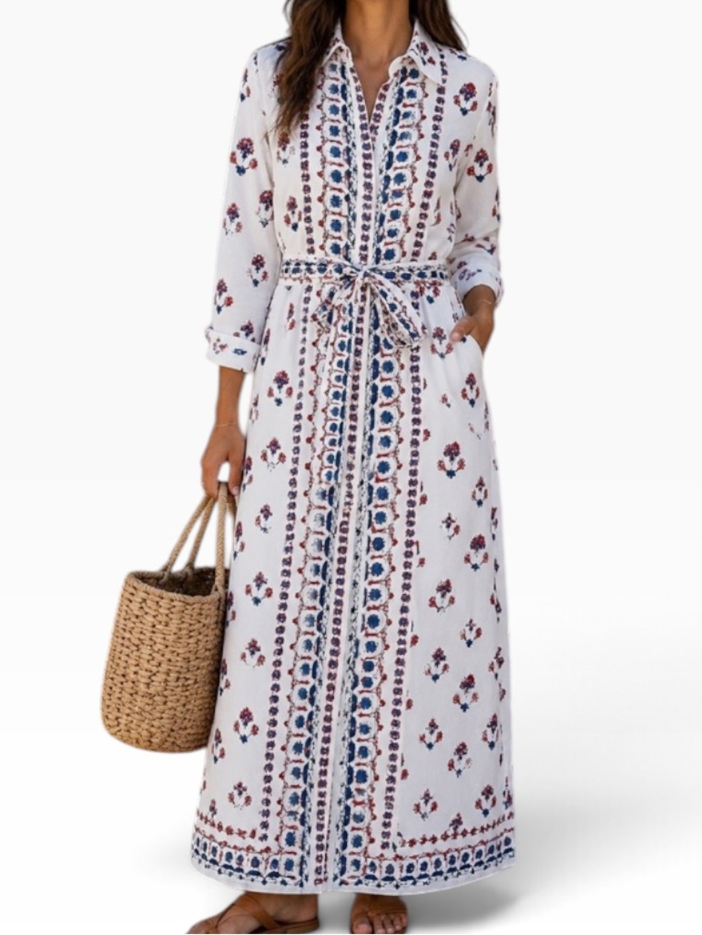 Magaschoni White Blue/Red Floral Linen Button-Down Shirt Maxi Dress L